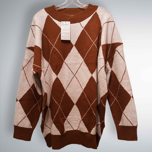 NWT Women’s Argyle Print Long Sleeve Crew Neck Sweater Tan/Brown Size L - Picture 1 of 5